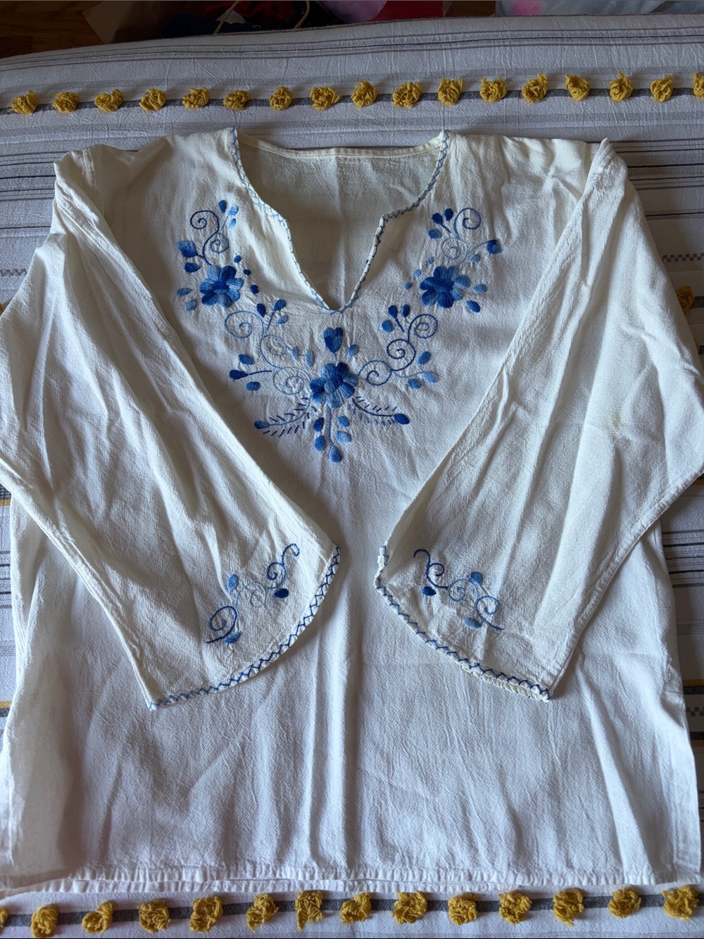 White Cotton Hand Embroidered V-Neck Peasant Top with Blue Floral Detail